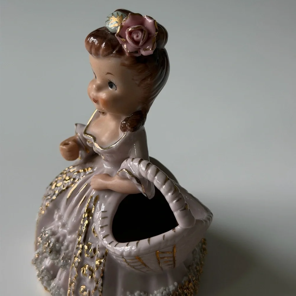 Ucagco Vintage Ceramic Spahgetti Trim Girl Figurine with Basket Planter